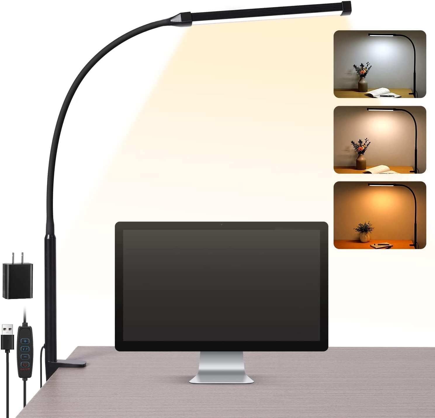 Voncerus LED Desk Lamp with Clamp, Clip on Lights for Home Office, Black | 3 Modes 10 Brightness, Long Flexible Goose-Neck, Eye-Caring, Memory Function, Energy Efficient, USB Adapter, Metal Black Clamp-On LED Desk Lamp