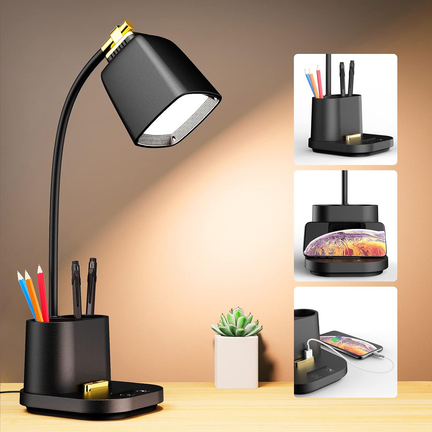 black LED desk lamp wireless charger pen holder