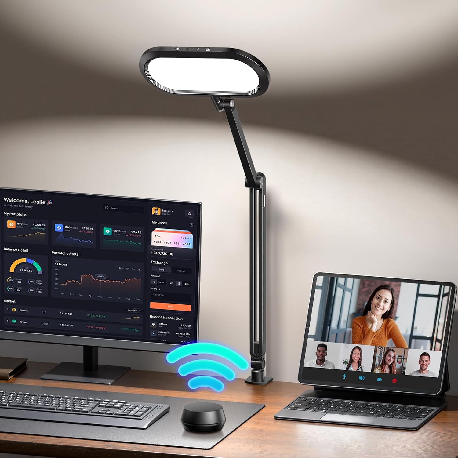 LED Desk Lamps for Home Office, Dual-Sided Soft Light with Stepless Remote | Eye-care, Flicker & Glare-Free, Memory, Adjustable Clamp Desk Light for Video Conference, Zoom Calls, Recording and Study black clamp LED desk lamp