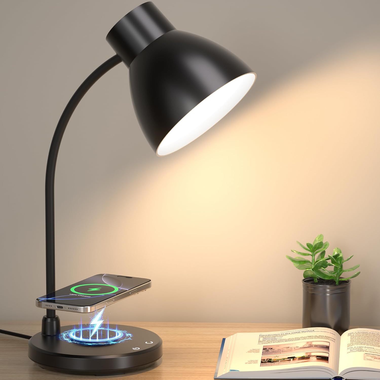black LED desk lamp wireless charger