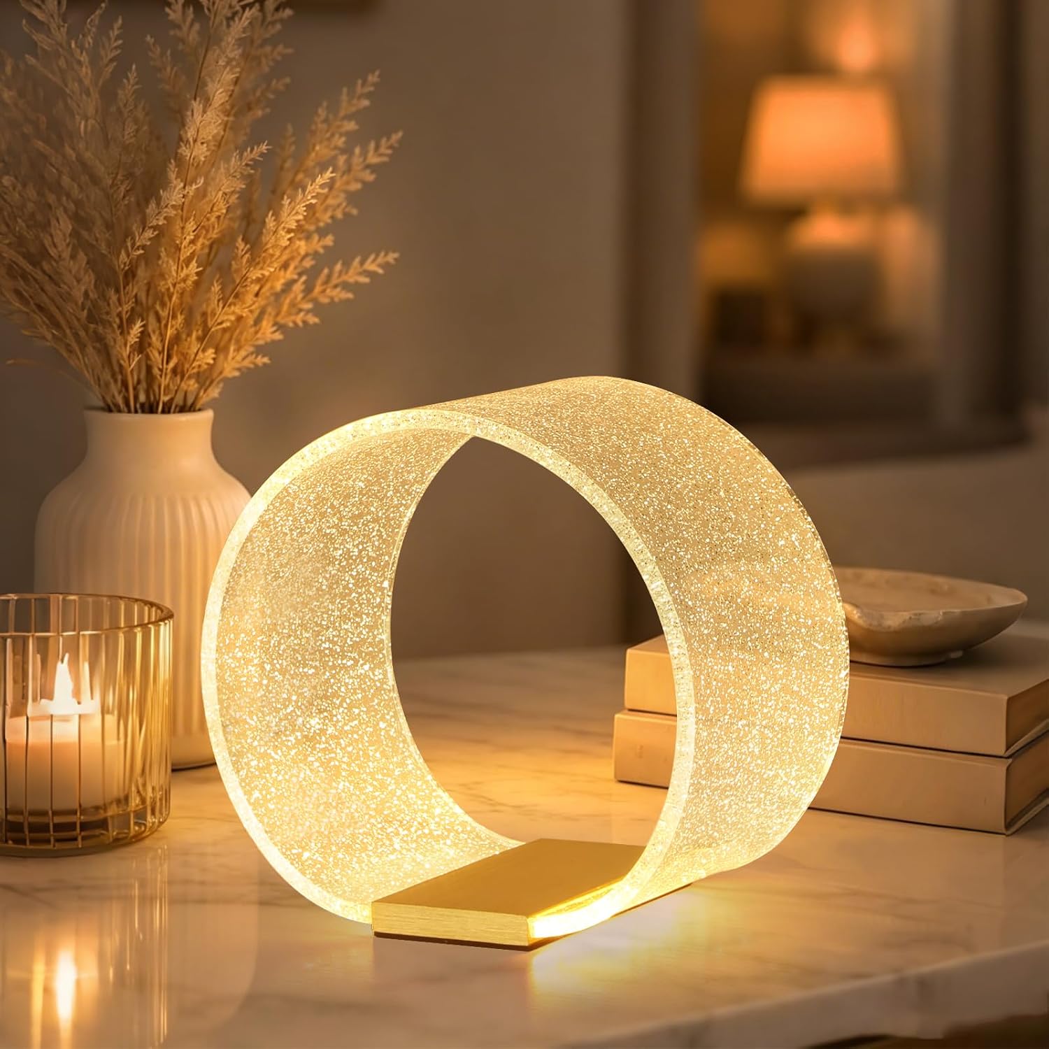 BOSHANGMEI LED Small Table Lamp, Modern Minimalist Round Hollow Acrylic Nightstand Lamp, Warm Plug-in Desk Lamp for Bedroom Living Room Home Decor circular LED glitter lamp