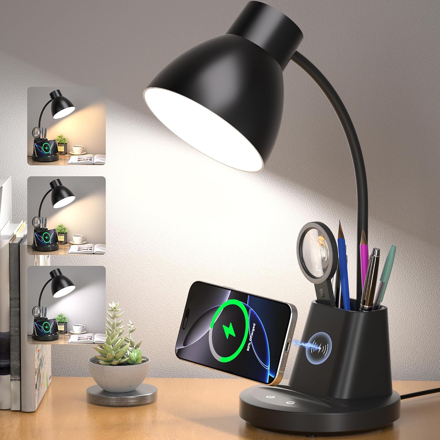 wireless black LED desk lamp pen holder
