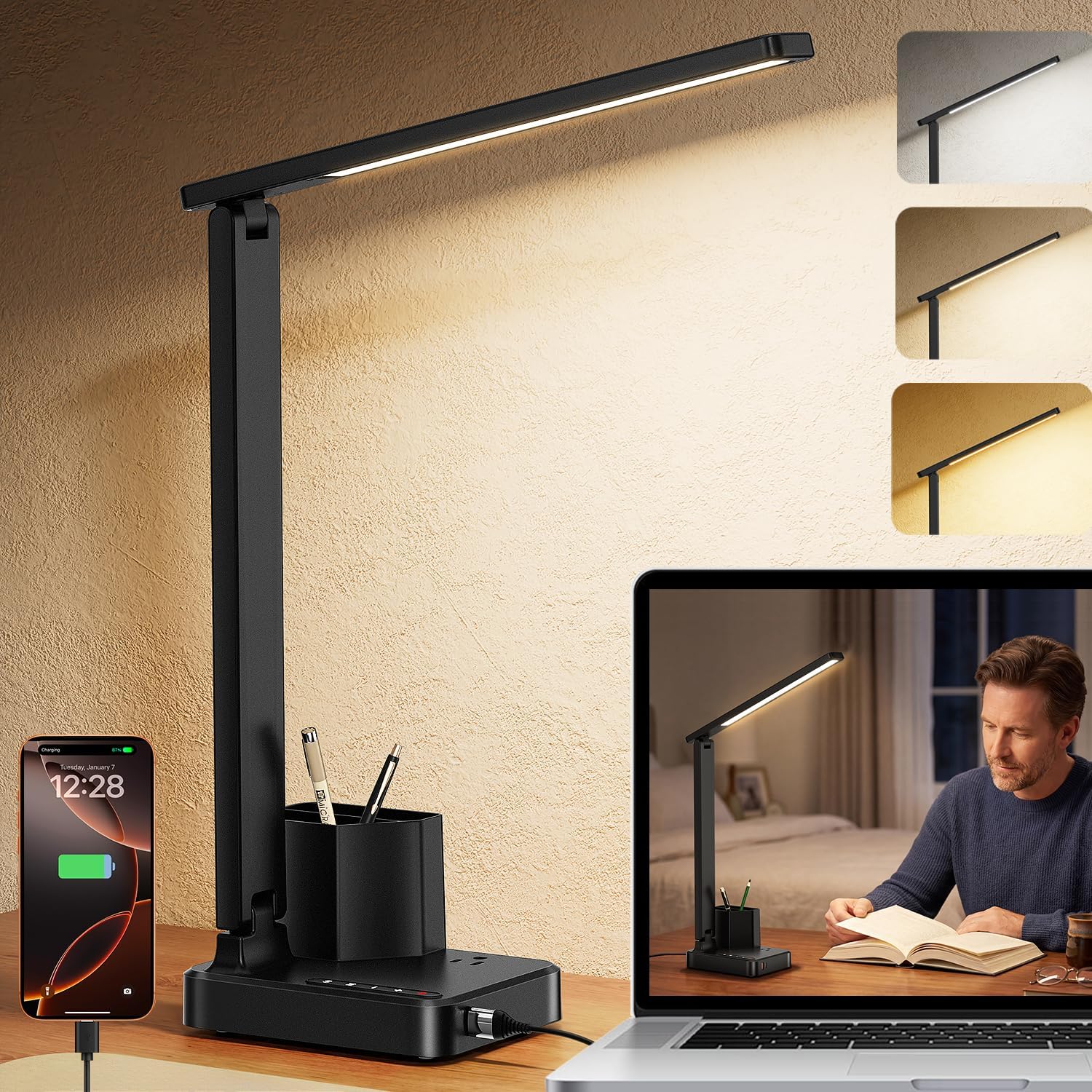 cozoo LED Desk Lamp USB A\/C AC Pen Holder Dorm Home Office Desk Light Black | Adjustable LED Desk Light with USB A\/C, AC Outlet, Pen Holder; Small Desk Lamp for Dorm, Study, Craft & Home Office black LED desk lamp USB charging