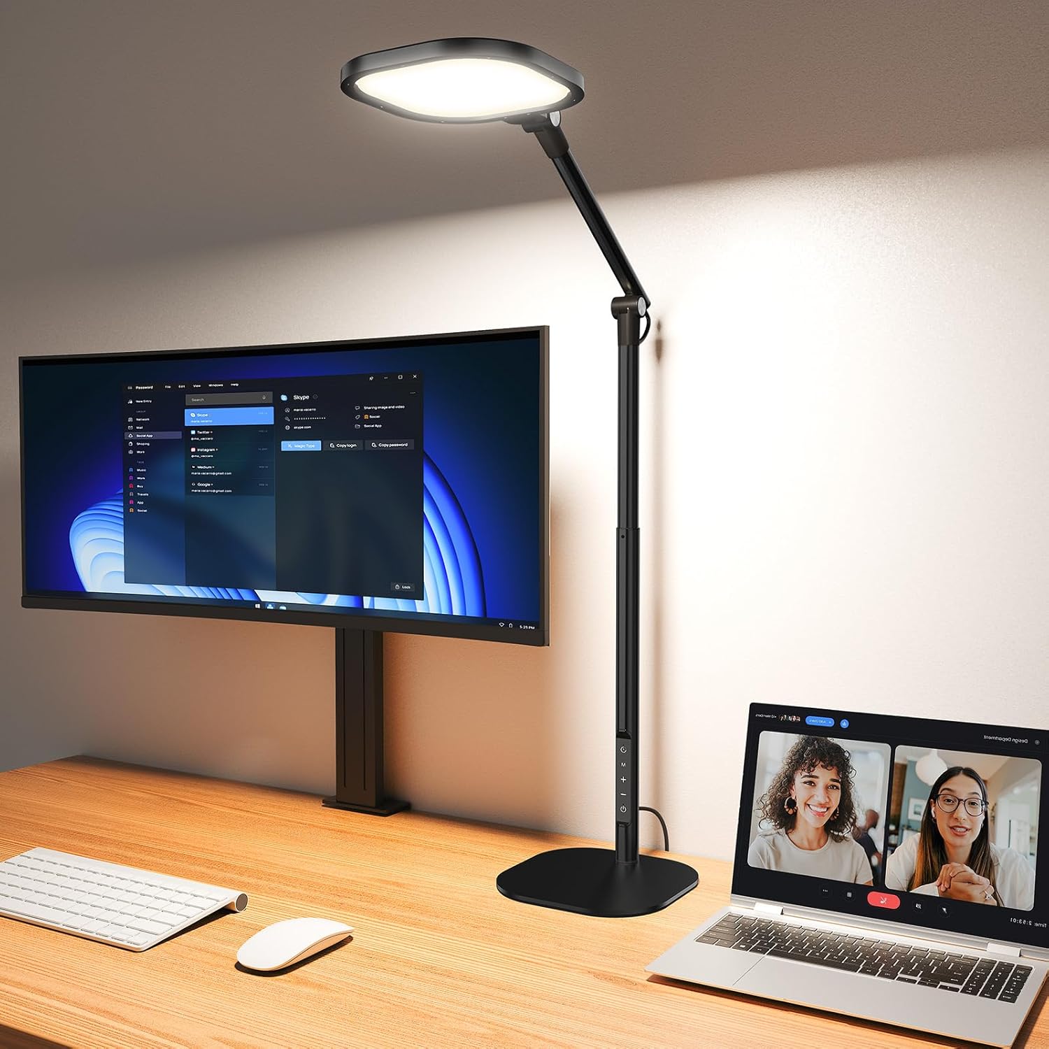 LitONES Tall LED Desk Lamps Home Office, Edge-Lit Eye-Care, 50 Light Modes | 40", Dimmable & Flexible, CRI>97.8, Memory and Timer Func, Stable Metal Base, Desk Lights for Home Office, Video Calls, Task black adjustable LED desk lamp