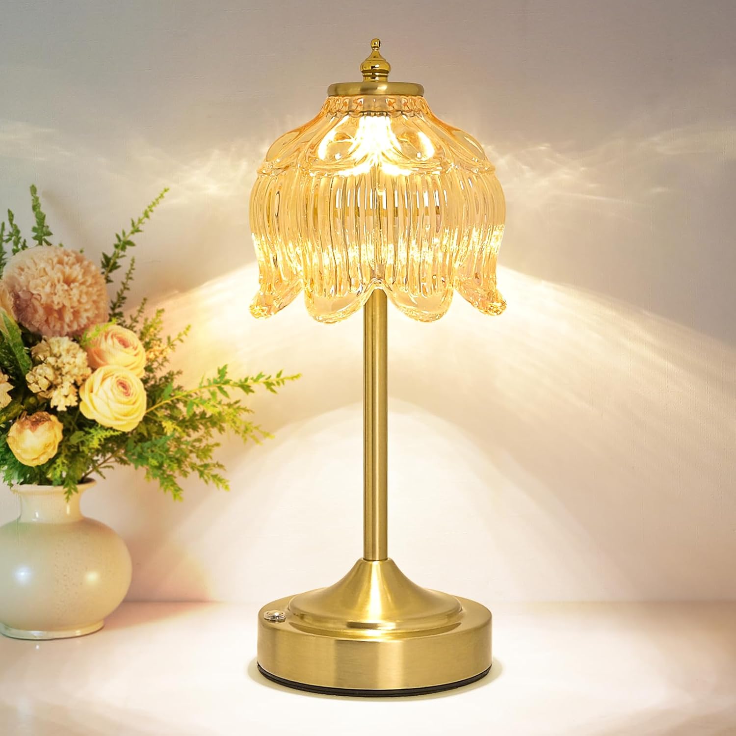 Vintage Brass Amber Glass Lamp