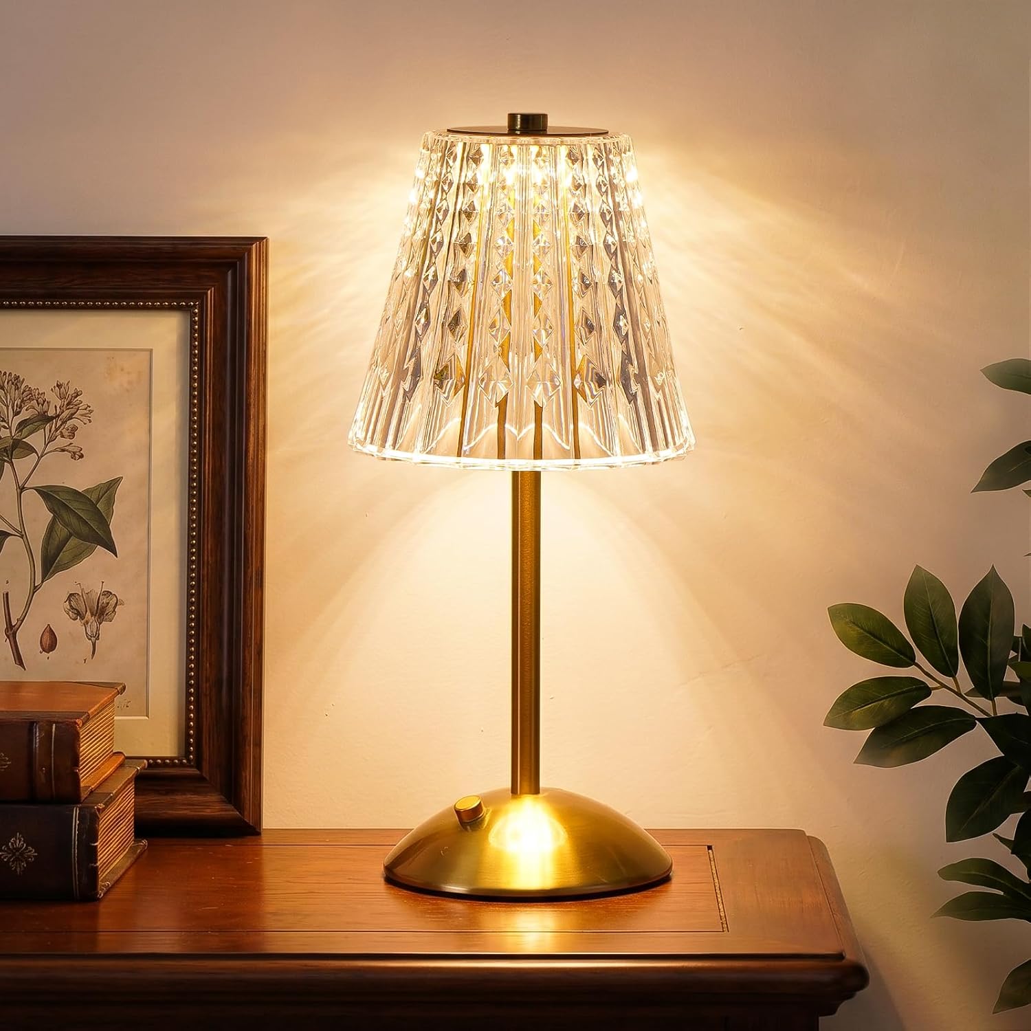 Cordless Touch Table Lamp, Classic Edition Rechargeable Small Desk Lamp | 3 Color Dimmable Gold Crystal Lamp for Bedroom, Restaurant, Kitchen & Home Decor Crystal Cone Shade Table Lamp
