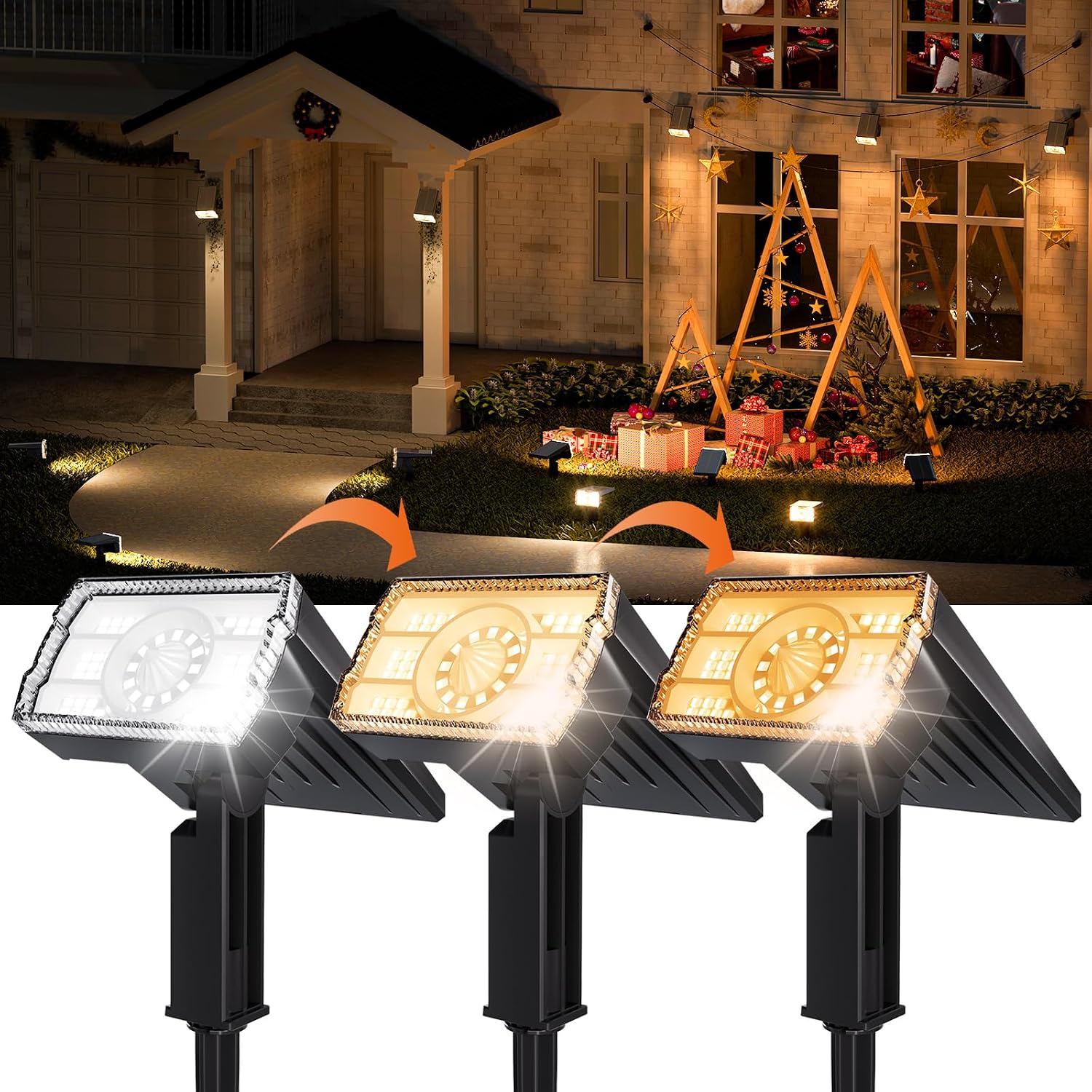 2-Pack Solar Lights Outdoor Waterproof IP67, 3 Color Modes (Warm\/Cool White & Hybrid) with 3 Lighting Modes, 105° Adjustable Dusk to Dawn Solar Spotlights for Pathway\/Garden\/Yard Wall\/Ground Lighting Adjustable Solar Outdoor Spotlights
