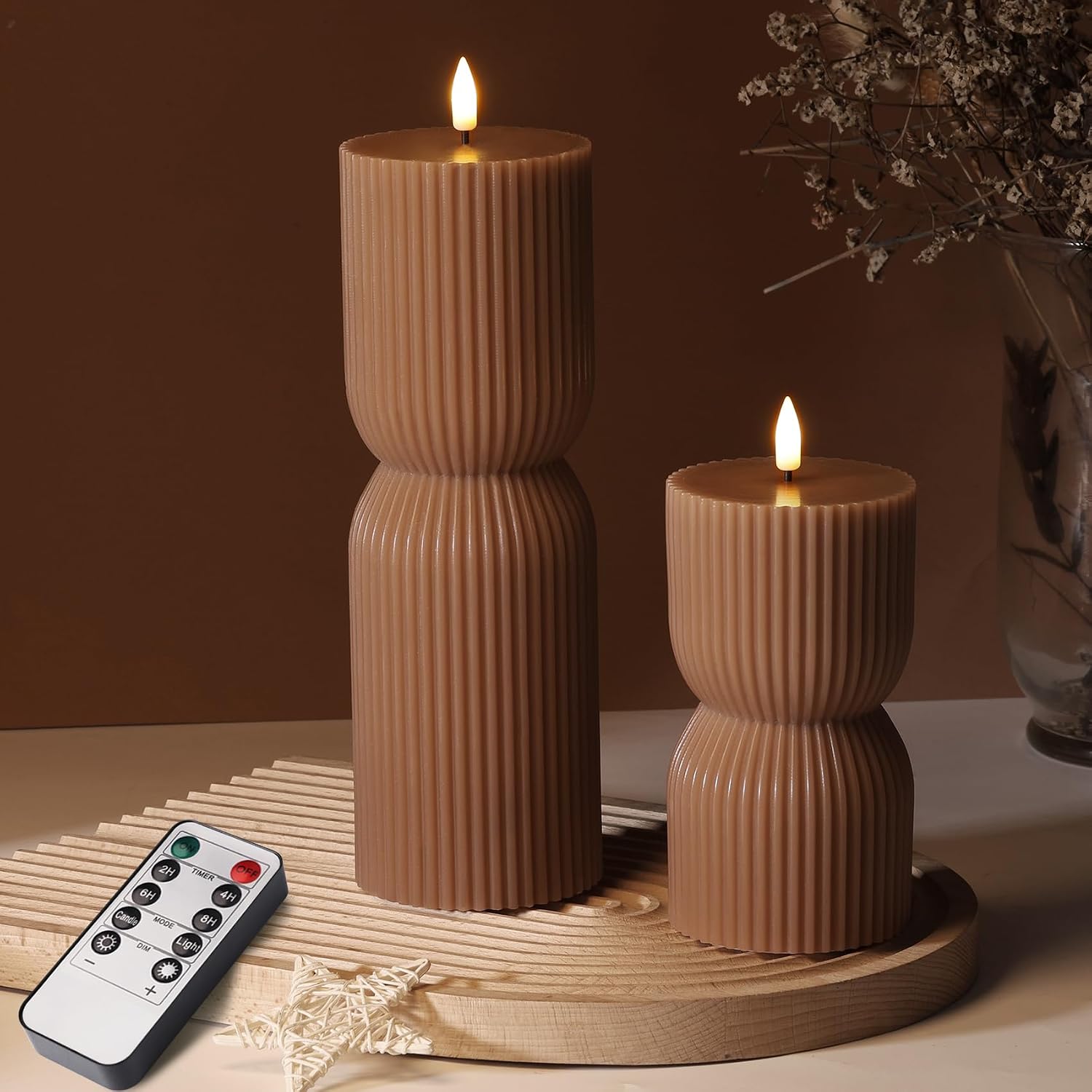 Girimax Brown Ribbed Fall Flameless Pillar Candles with Remote Set of 2 | 2 AA Battery Powered, Flickering LED Decorative Candles, Home Shelf Table Decor, Real Wax Coating tan ribbed flameless LED candle